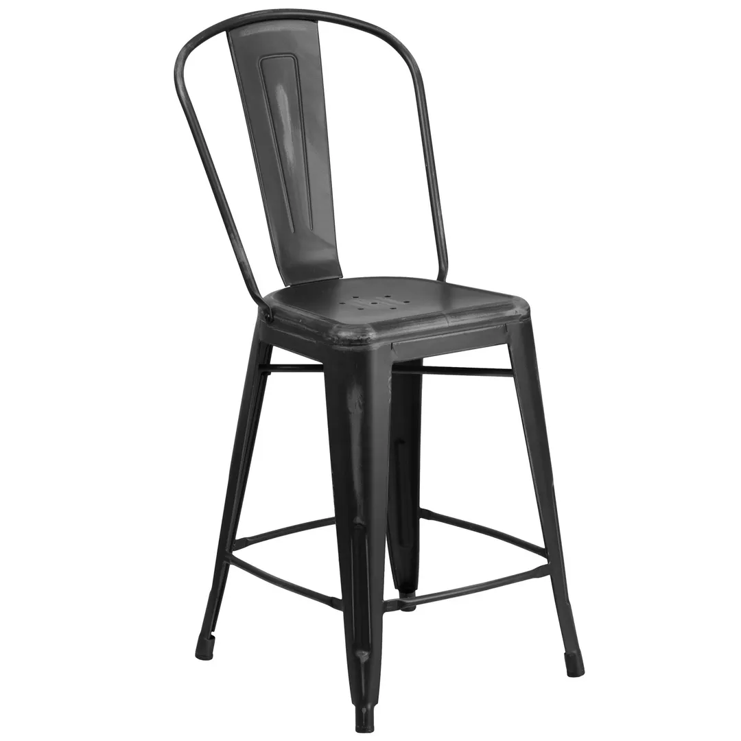 Flash Furniture ET-3534-24-BK-GG Counter Height Bar Stool, 500 lb. Capacity, Black Galvanized Steel, Curved Back, Armless
