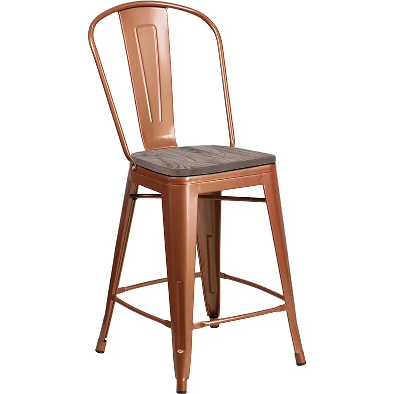 Flash Furniture ET-3534-24-POC-WD-GG Counter Height Bar Stool, 500 lb. Capacity, Copper Finish, Wood Seat, Metal Back