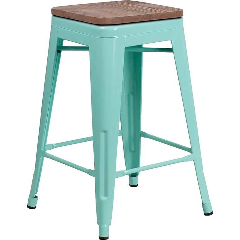 Flash Furniture ET-BT3503-24-MINT-WD-GG 500 lb Counter Height Backless Stacking Bar Stool, Mint Green, Wood Seat, Galvanized Steel Frame