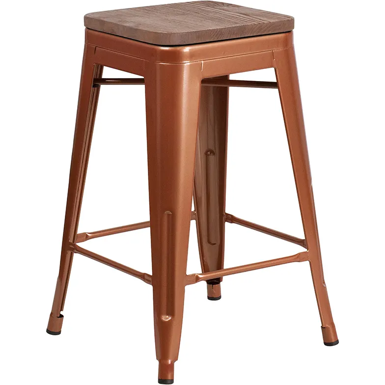 Flash Furniture ET-BT3503-24-POC-WD-GG Copper Backless Bar Stool, 500 lb. Weight Capacity, Counter Height, Textured Wood Seat