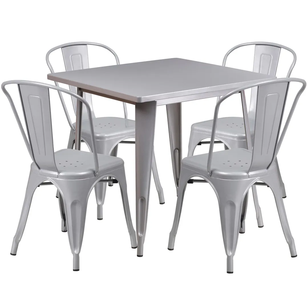Flash Furniture ET-CT002-4-30-SIL-GG 31 Square Table Set with 4 Chairs, Silver Finish, Galvanized Steel