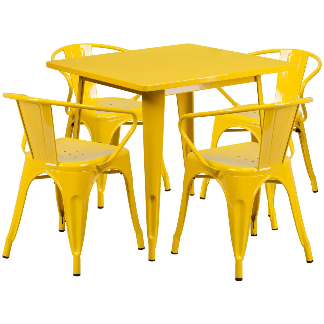 Flash Furniture ET-CT002-4-70-YL-GG 31x31 Square Table Set, 29 Height, 4 Chairs, Yellow, Galvanized Steel, Powder Coat Finish
