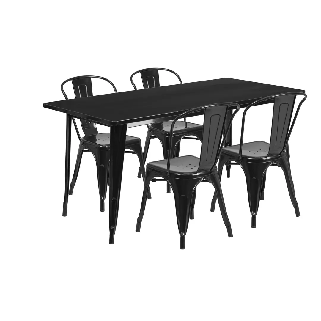 Flash Furniture ET-CT005-4-30-BK-GG 63" Rectangular Outdoor Table Set with 4 Chairs, Black Powder Coat Finish, Galvanized Steel