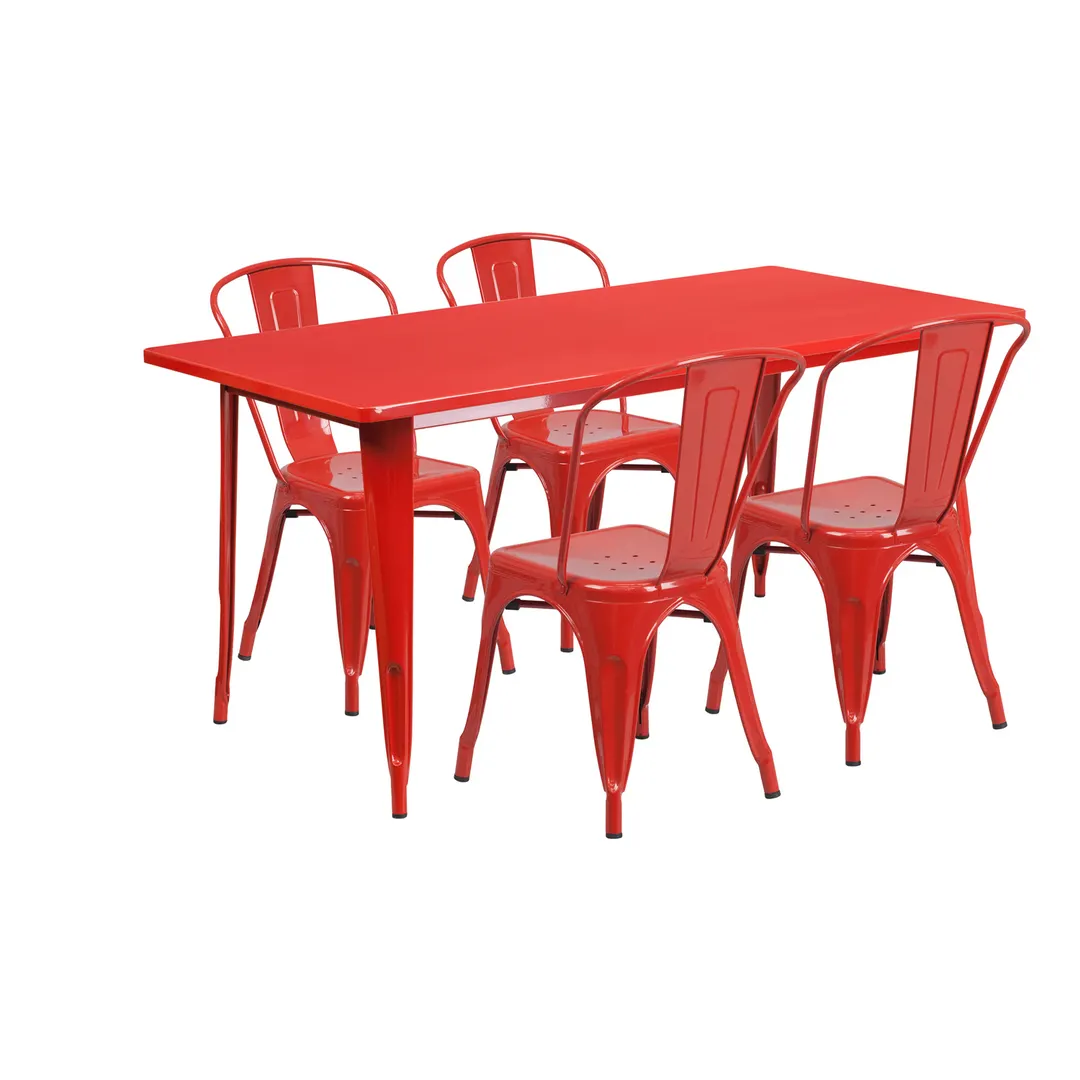 Flash Furniture ET-CT005-4-30-RED-GG 63" Rectangular Table Set, Red, 29"H, 4 Chairs, Galvanized Steel, Powder Coat Finish