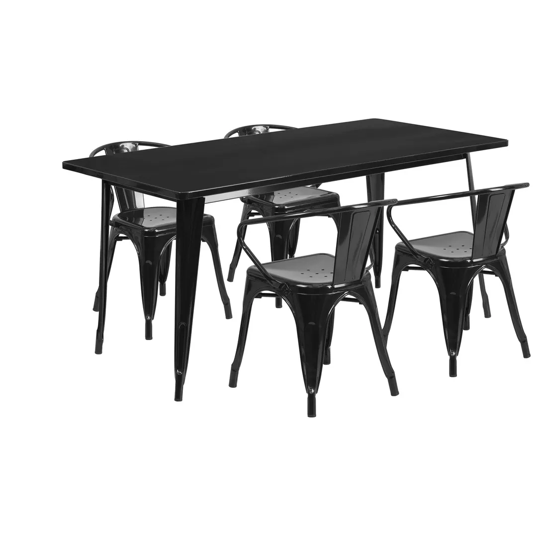 Flash Furniture ET-CT005-4-70-BK-GG 63 Rectangular Table Set with 4 Chairs, Black Powder Coat Finish, Galvanized Steel