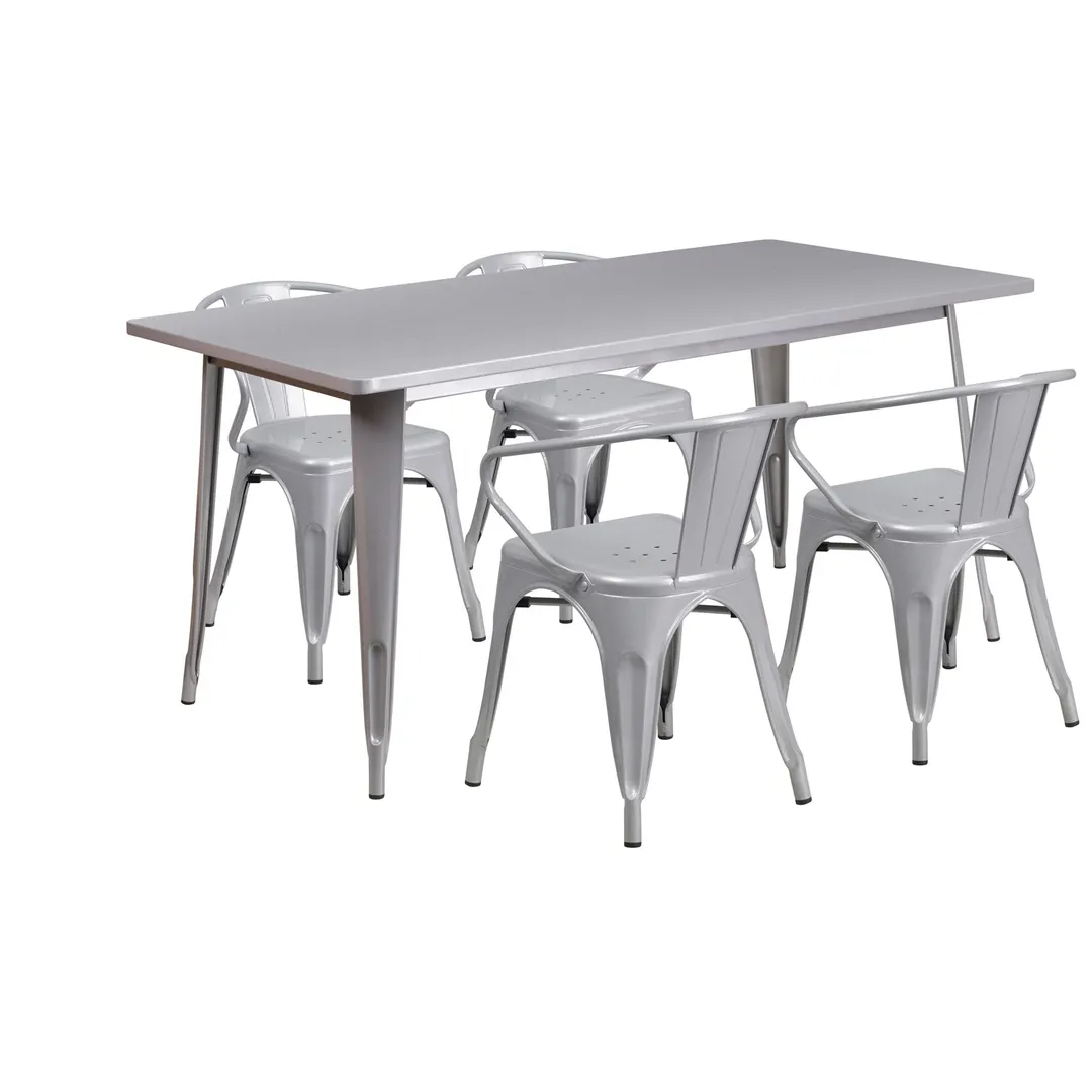 Flash Furniture ET-CT005-4-70-SIL-GG 63" Rectangular Table Set, 29"H, Silver, 4 Chairs, Galvanized Steel