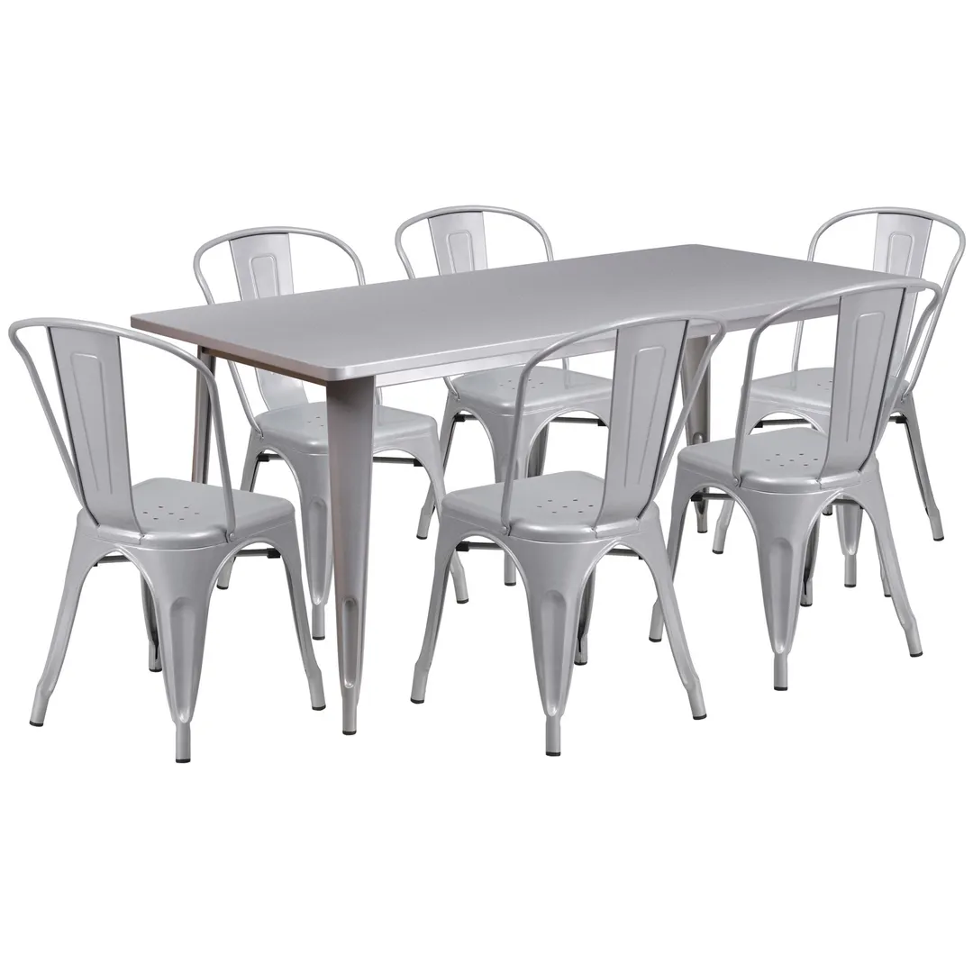Flash Furniture ET-CT005-6-30-SIL-GG 63" Rectangular Outdoor Table Set with 6 Chairs, Silver Finish, Galvanized Steel