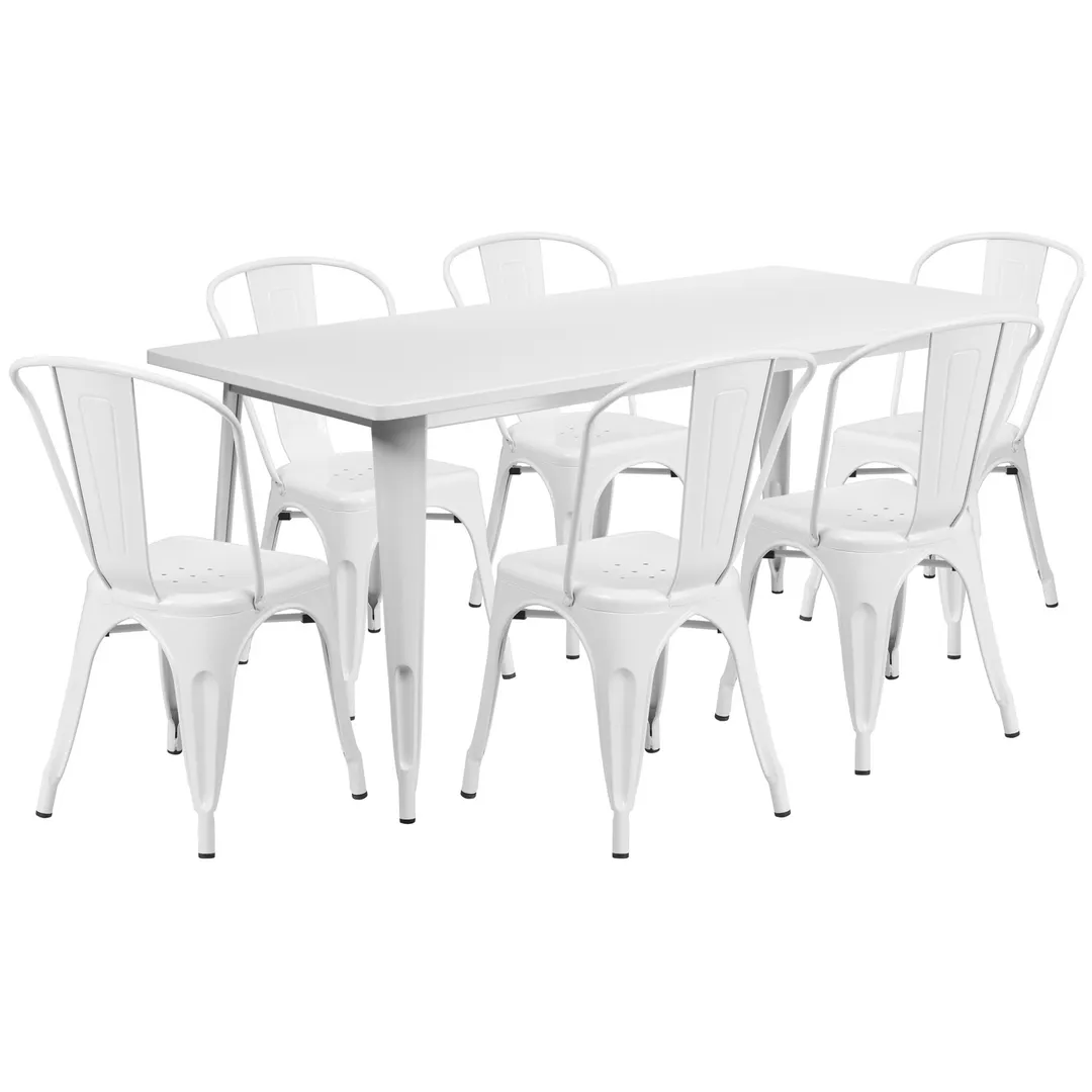 Flash Furniture ET-CT005-6-30-WH-GG 63" Rectangular Outdoor Table Set with 6 Chairs, White Powder Coat Finish
