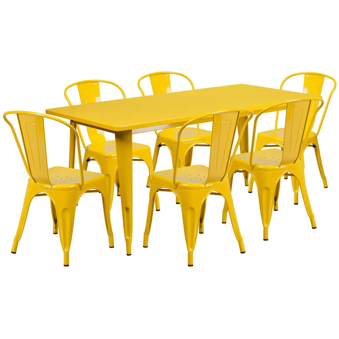 Flash Furniture ET-CT005-6-30-YL-GG 63" Rectangular Table Set with 6 Chairs, Yellow, Galvanized Steel, Powder Coat Finish