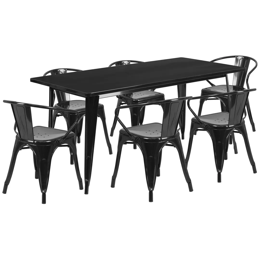 Flash Furniture ET-CT005-6-70-BK-GG 63" Rectangular Outdoor Table Set with 6 Chairs, Black Powder Coat Finish