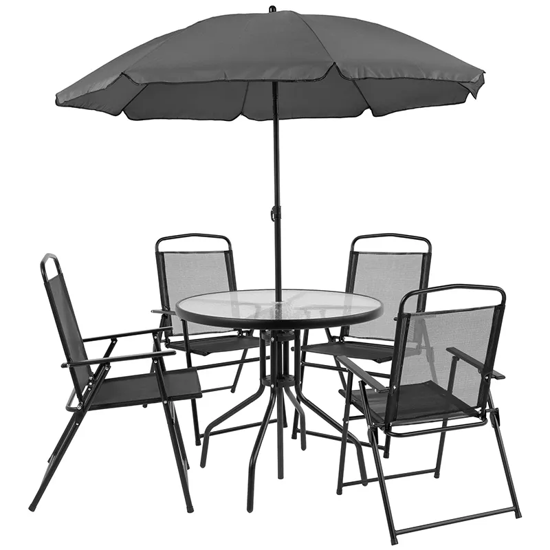 Flash Furniture GM-202012-BK-GG Nantucket 31 Round Patio Table Set, 28H, 4 Textilene Chairs, Dark Gray Umbrella