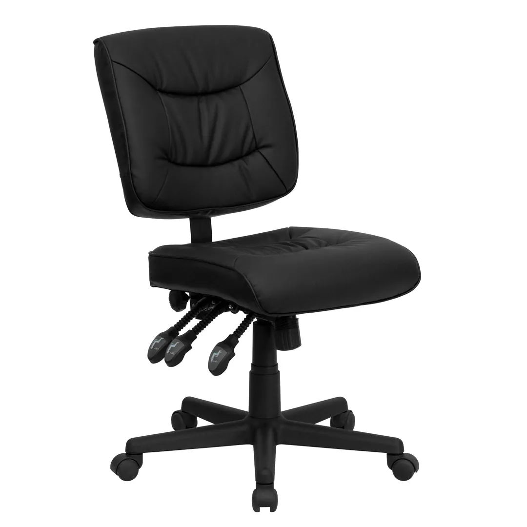 Flash Furniture GO-1574-BK-GG Swivel Task Chair, 34"-40-1/4" Adjustable Height, 250 lb Capacity, Mid‑Back Tufted LeatherSoft Upholstery, Black Nylon Base with Dual Casters, Armless, Triple Paddle Control