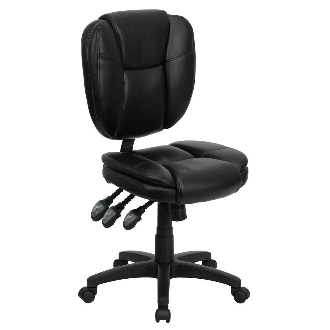Flash Furniture GO-930F-BK-LEA-GG Chair, Black Leather, Armless, 35"-41", 250 lb, Pillow Top, Paddle, Casters