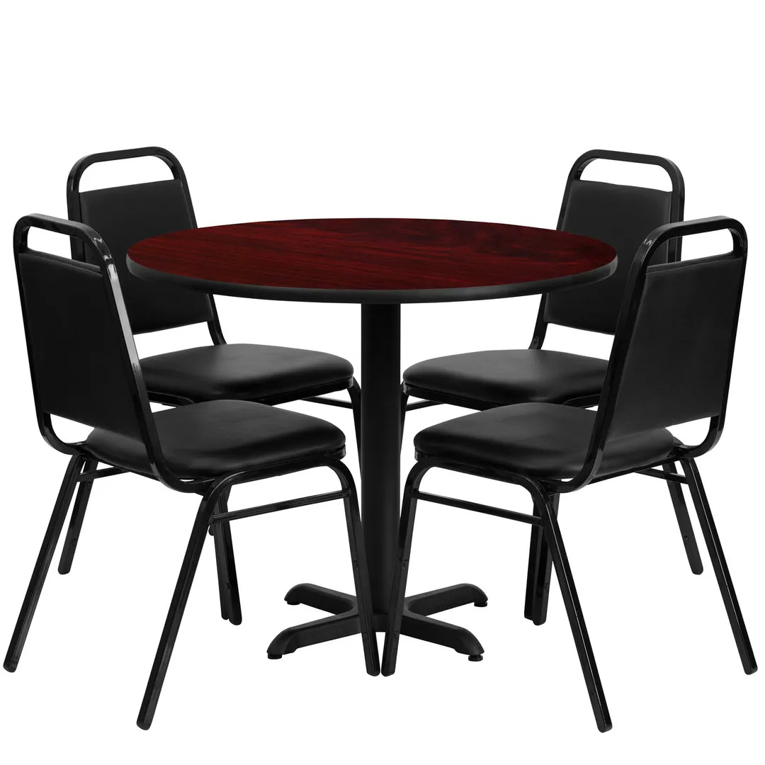 Flash Furniture HDBF1002-GG 36" Round Table & 4 Banquet Chairs Set, 500 lb, Mahogany Finish, Black Powder Coated