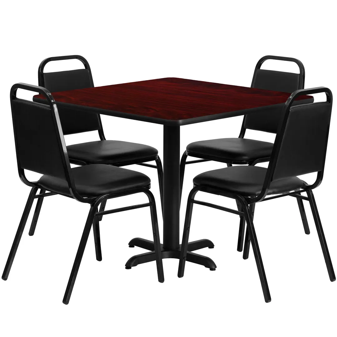 Flash Furniture HDBF1010-GG 36x36 Square Table & 4 Banquet Chairs Set, 500 lb, Black Vinyl, Mahogany Finish