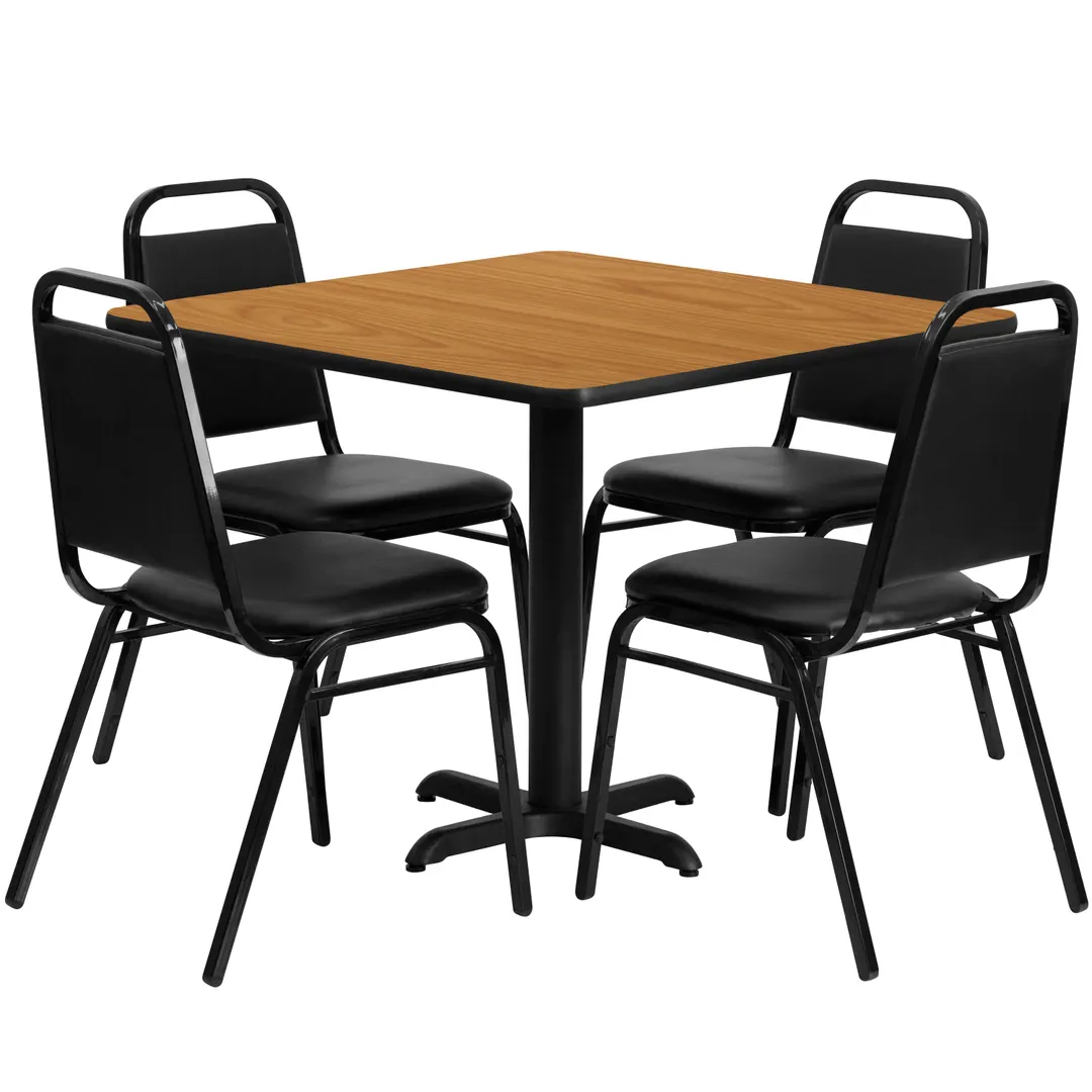 Flash Furniture HDBF1011-GG 36x36 Table & 4 Banquet Chairs, Black Vinyl, 500 lbs, MDF Table Top, Steel Frame