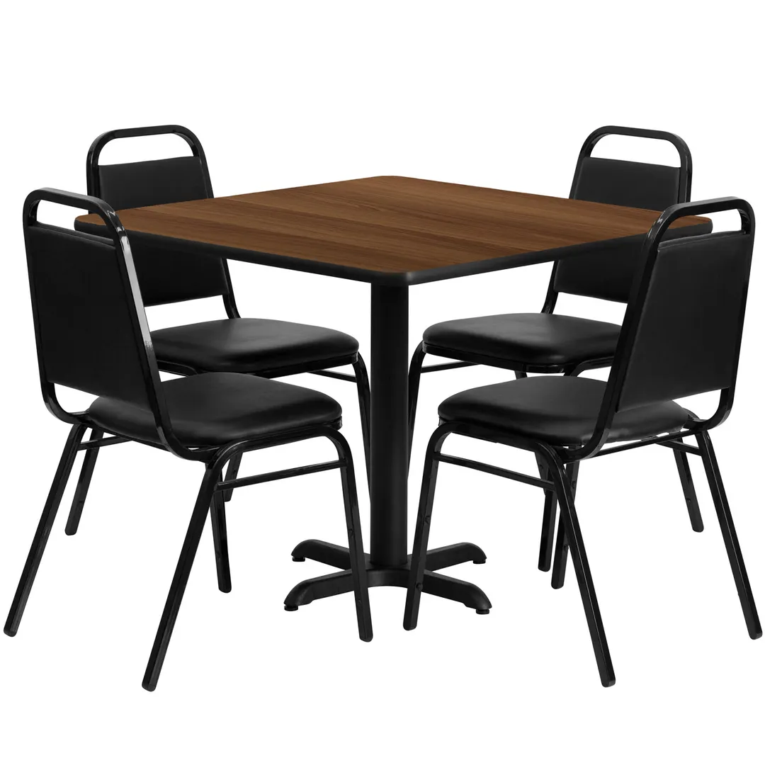 Flash Furniture HDBF1012-GG 36x36 Square Table & 4 Banquet Chairs Set, 500 lb, Black Vinyl, Walnut Finish