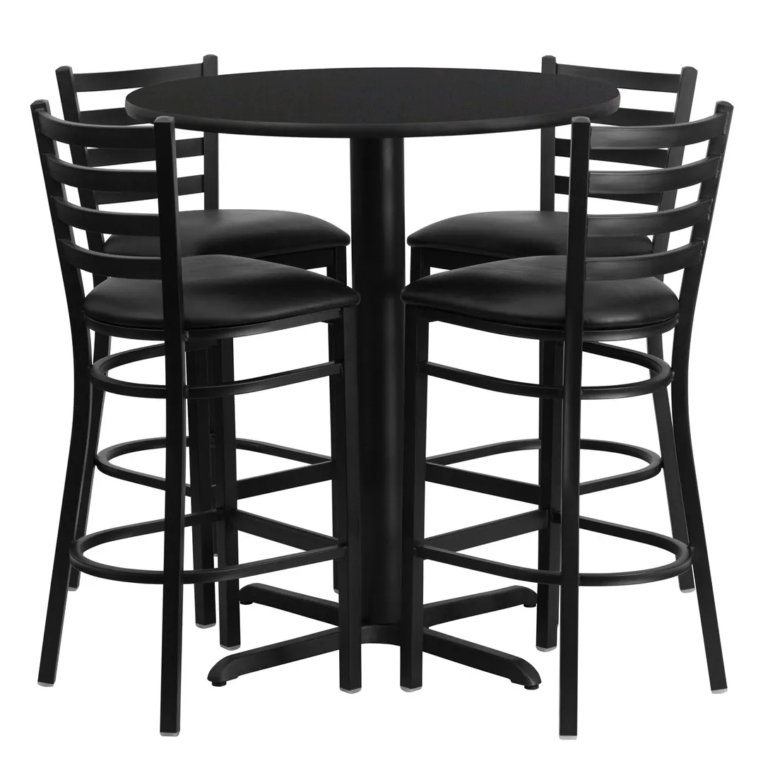 Flash Furniture HDBF1021-GG 30" Round Table & 4 Bar Stool Set, Black Laminate, Metal Ladder Back, Vinyl Upholstered