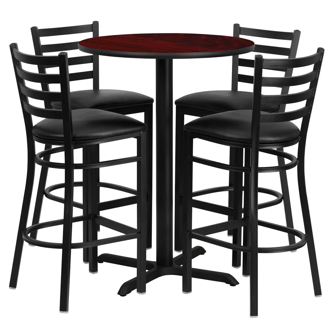 Flash Furniture HDBF1022-GG 30" Round Table & Bar Stool Set, Black Mahogany Finish, 4 Stools, Commercial Grade