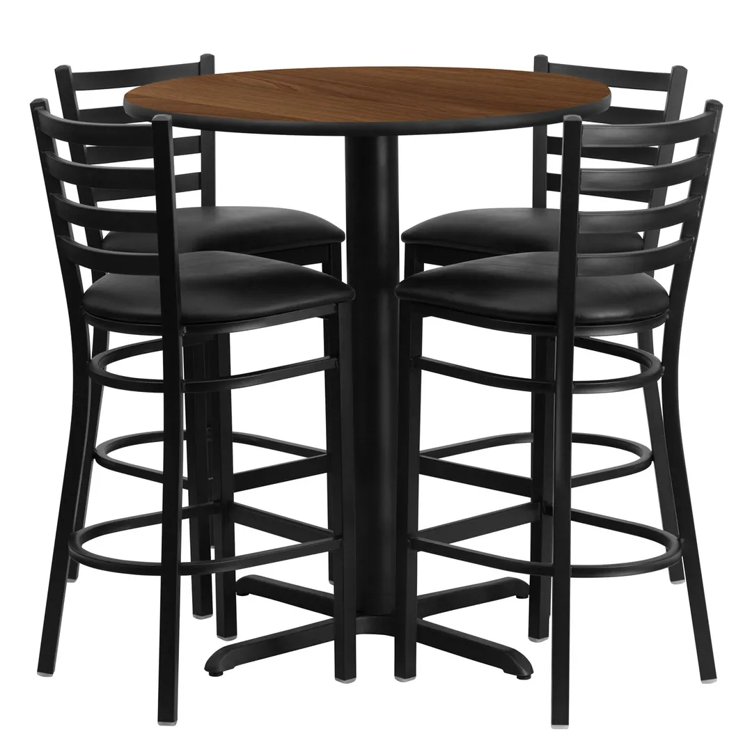 Flash Furniture HDBF1024-GG 30" Round Table & 4 Bar Stool Set, Walnut Finish, Black Vinyl