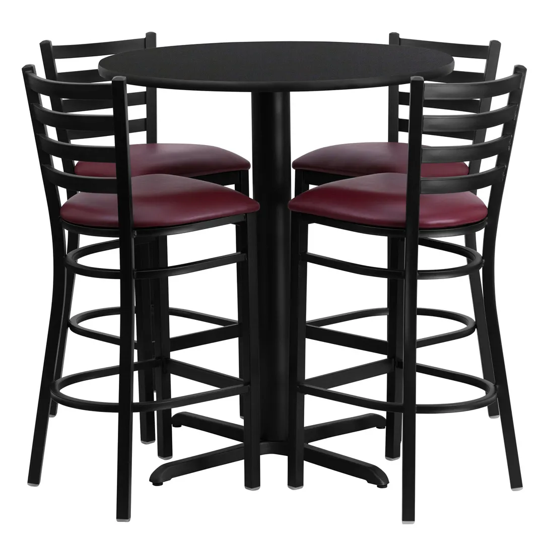 Flash Furniture HDBF1025-GG 30" Round Table & 4 Bar Stool Set, Black Laminate, Burgundy Vinyl, 42"H
