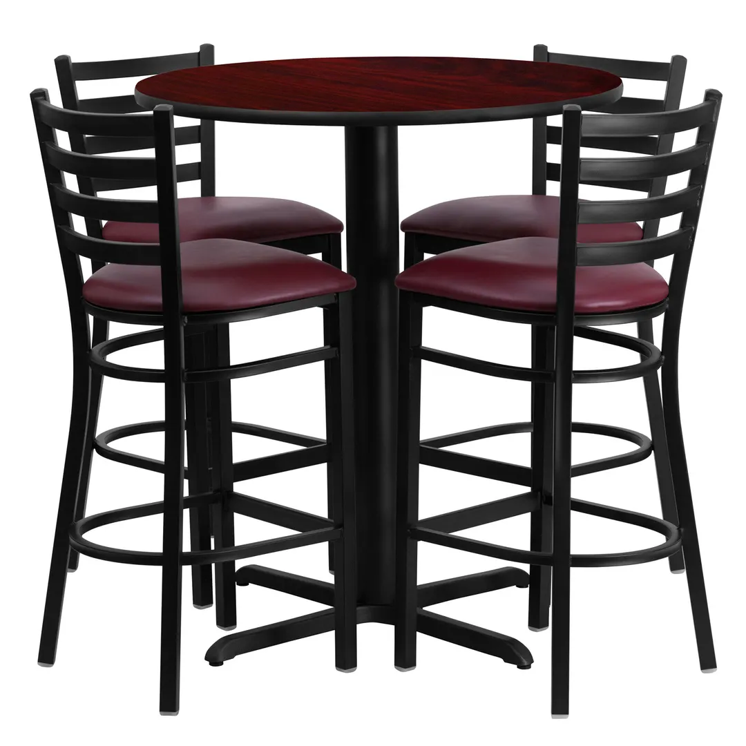 Flash Furniture HDBF1026-GG 30" Round Table & 4 Bar Stool Set, Mahogany Finish, Burgundy Vinyl