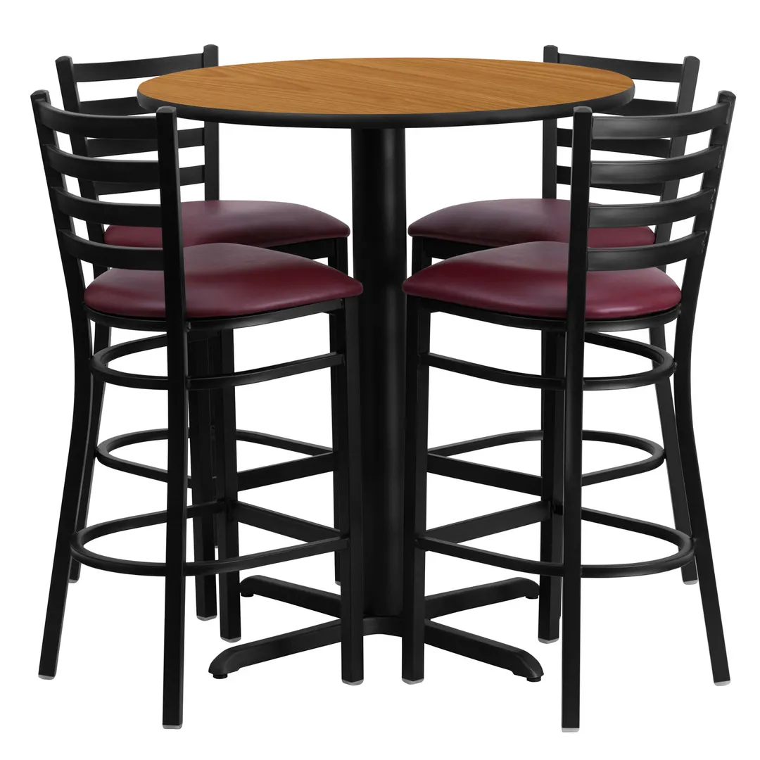 Flash Furniture HDBF1027-GG 30" Round Table & 4 Bar Stool Set, Black T-Mold Edge, Burgundy Vinyl