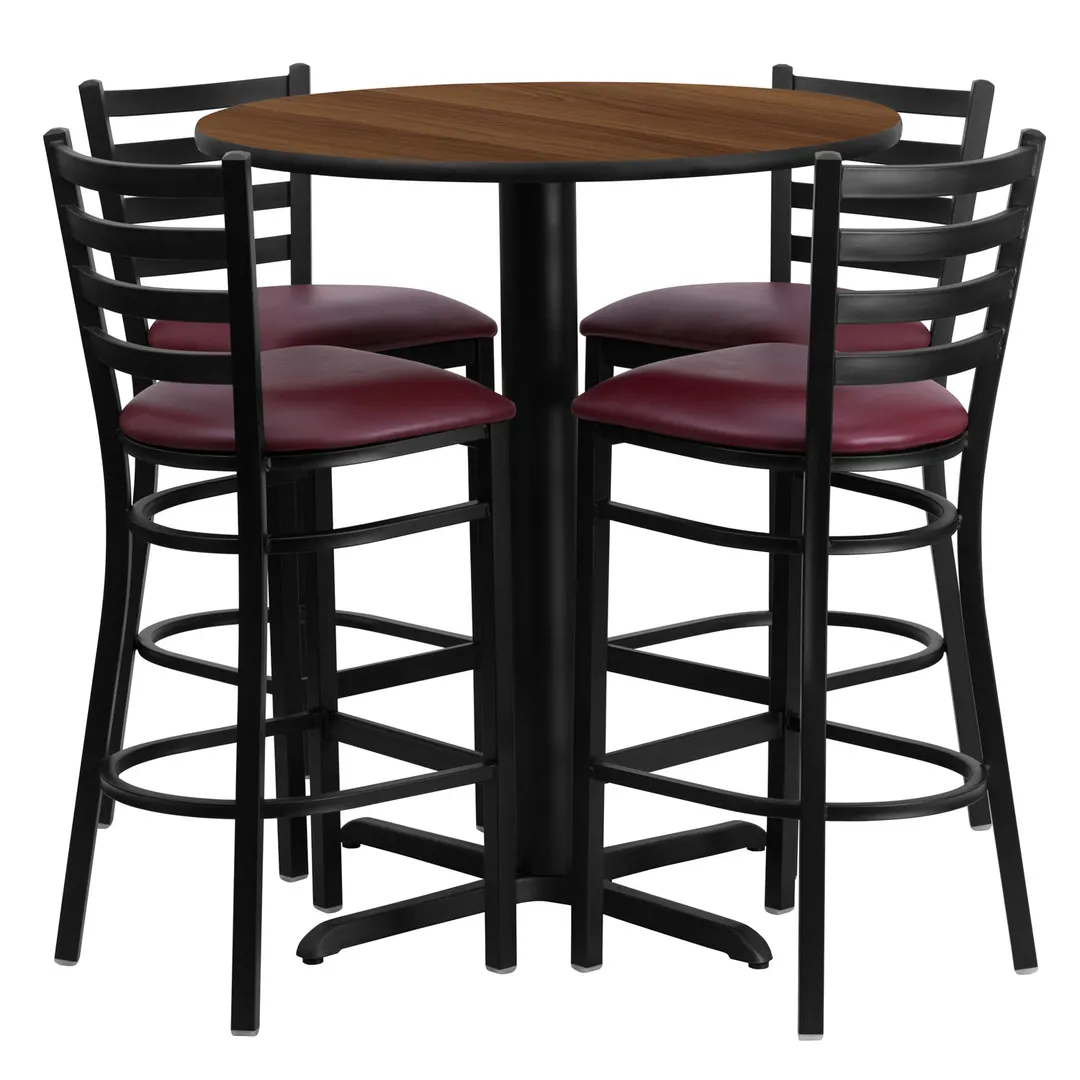 Flash Furniture HDBF1028-GG 30" Round Table & Bar Stool Set, 42"H, Walnut Finish, Burgundy Vinyl, 4 Stools