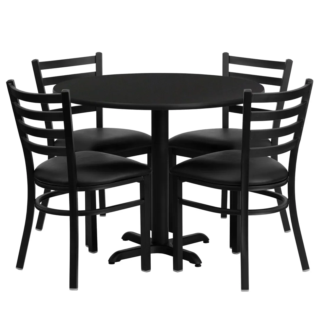 Flash Furniture HDBF1029-GG 36" Round Table & 4 Chair Set, Black Laminate, Cast Iron X-Base, Vinyl Upholstered Chairs