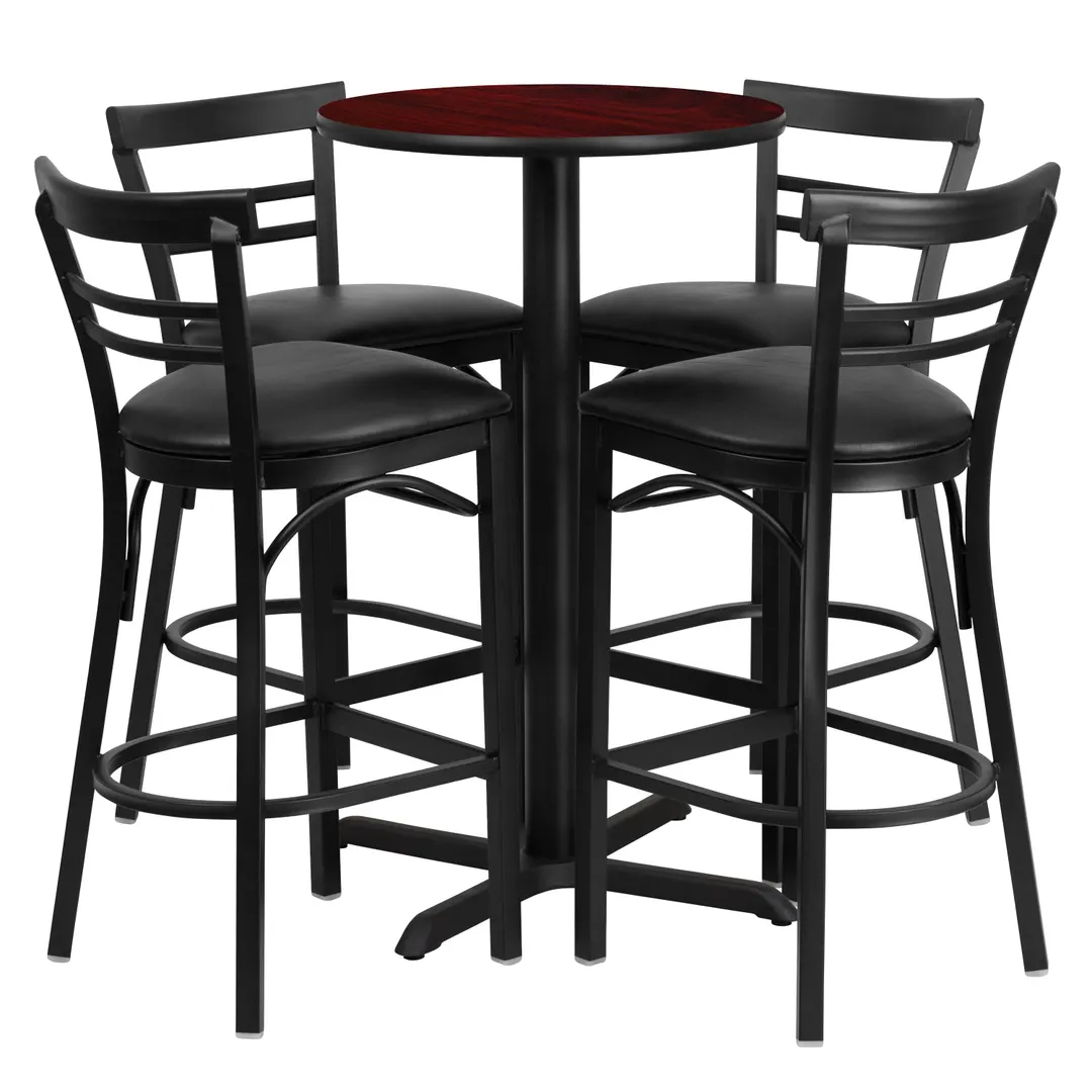 Flash Furniture HDBF1034-GG 24" Round Table & 4 Bar Stool Set, Mahogany Finish, Black Vinyl
