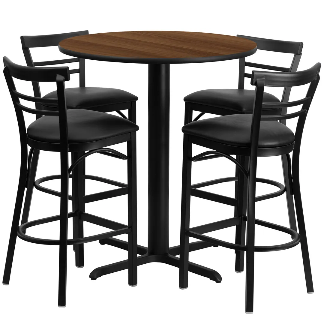 Flash Furniture HDBF1036-GG 24" Round Table & 4 Bar Stool Set, Walnut Finish, Black Vinyl