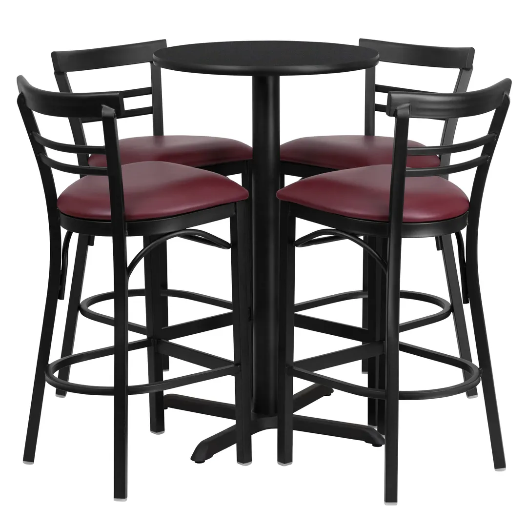 Flash Furniture HDBF1037-GG 24" Round Table & 4 Bar Stool Set, Black Laminate, Burgundy Vinyl, Cast Iron & Steel