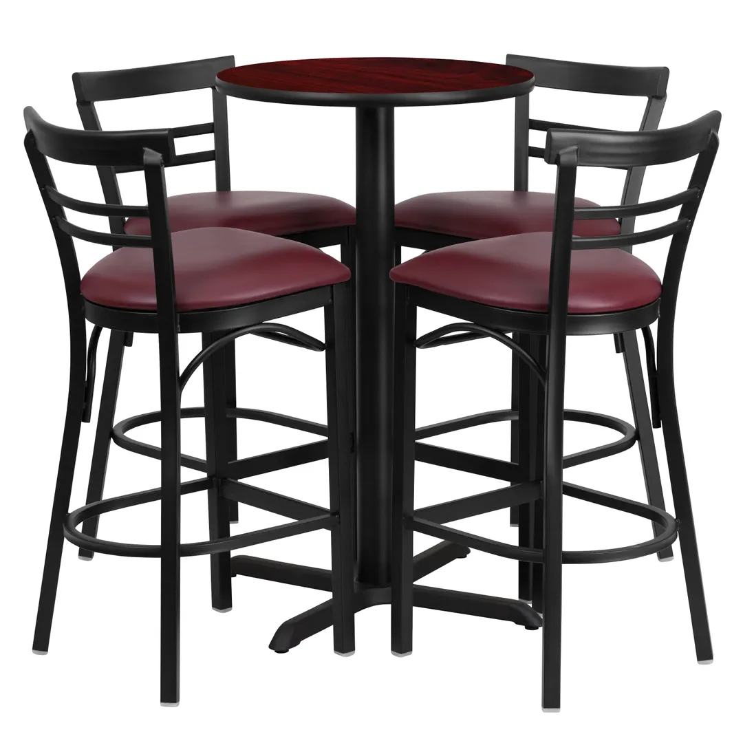 Flash Furniture HDBF1038-GG 24" Round Table & 4 Bar Stool Set, Mahogany Finish, Black X-Base, Burgundy Vinyl