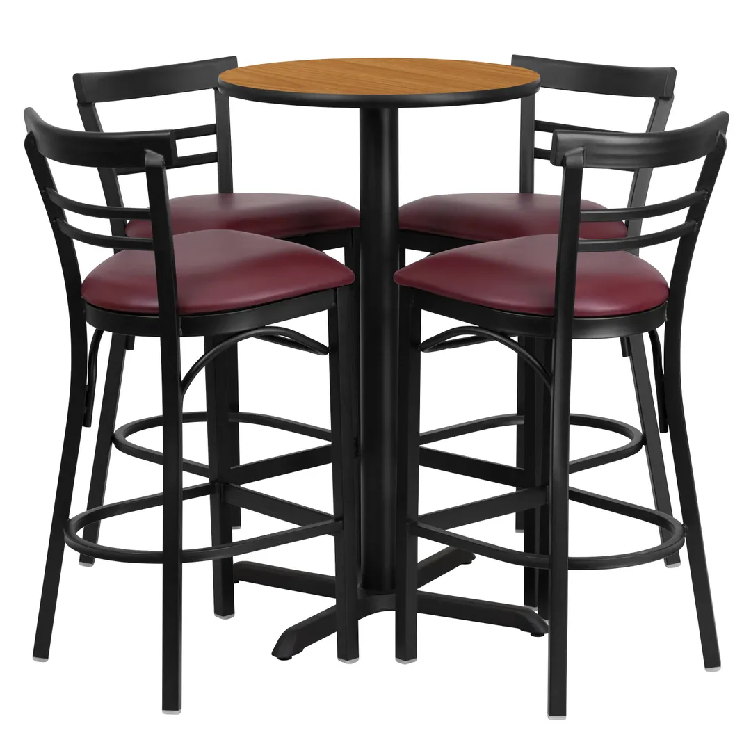 Flash Furniture HDBF1039-GG 24" Round Table & 4 Bar Stool Set, Black T-Mold Edge, Burgundy Vinyl