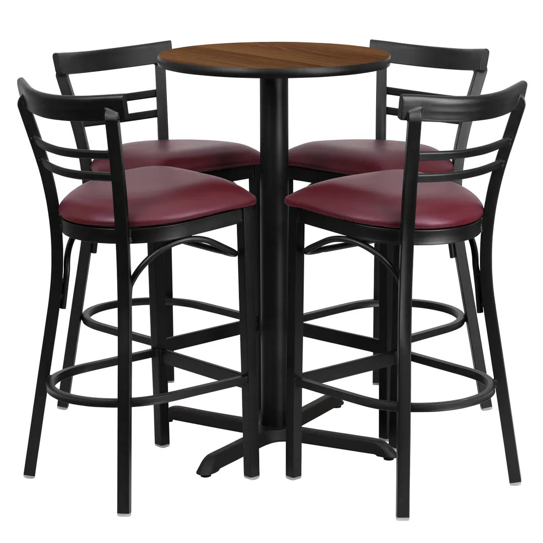 Flash Furniture HDBF1040-GG 24" Round Table & 4 Bar Stool Set, Walnut Finish, Black X-Base, Burgundy Vinyl