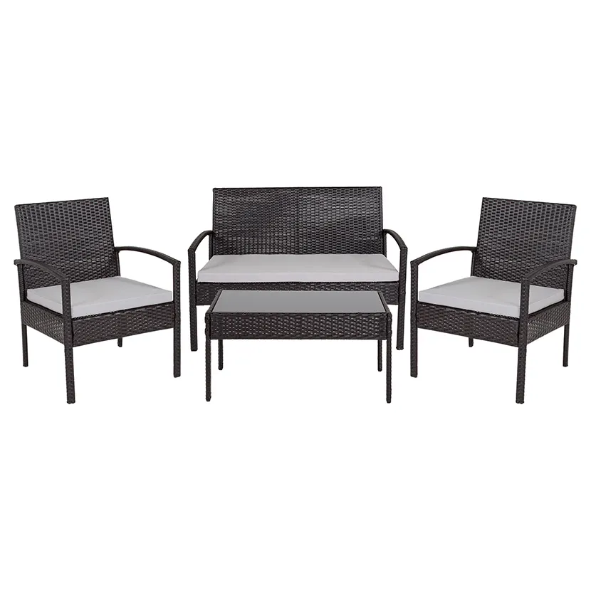Flash Furniture JJ-S312-GG 4-Piece Outdoor Patio Set, Light Gray Cushions, Rattan Wrapped Finish, 22.5W x 30H Chairs