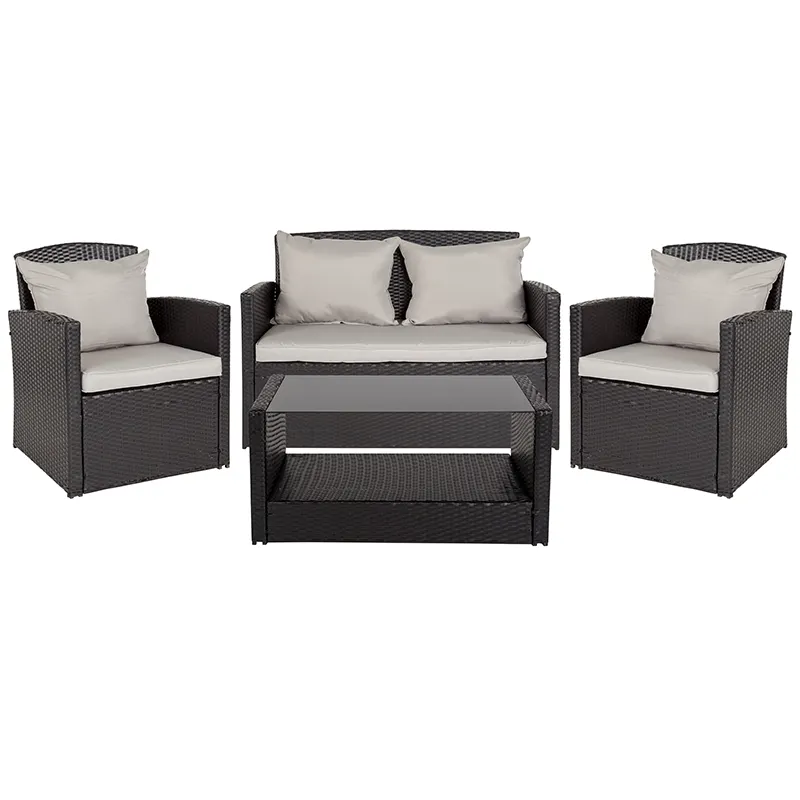 Flash Furniture JJ-S351-GG 4-Piece Outdoor Patio Set, Light Gray Rattan Weave, Black Glass Coffee Table, 22.5W Chairs