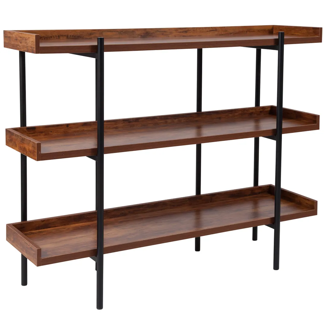 Flash Furniture JN-2542B3-GG Mayfair 47.25"W Storage Shelf, 35"H, Black Metal Frame, Rustic Wood Grain Finish