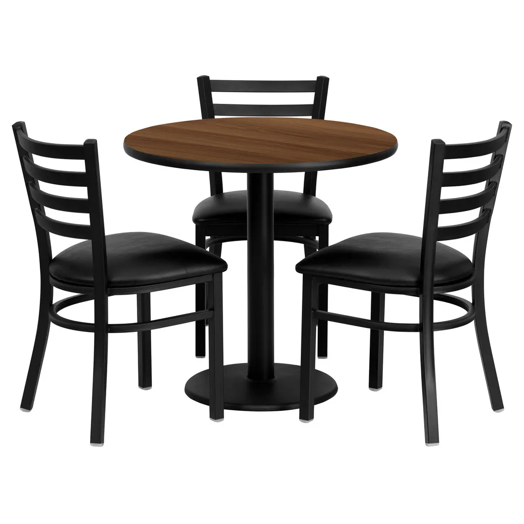 Flash Furniture MD-0002-GG Round Table & Chair Set, 30" Dia. x 30"H, Walnut Finish, Black Powder Coated Frame, 3 Chairs