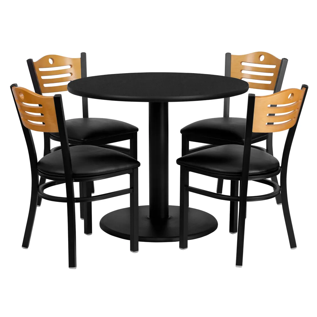 Flash Furniture MD-0009-GG 36" Round Table & Chair Set, Black Laminate, Natural Finish Plywood, 4 Chairs, Commercial Grade