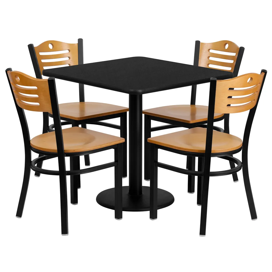 Flash Furniture MD-0010-GG 30" Square Black Table & 4 Chair Set, Black Laminate, Natural Finish Plywood