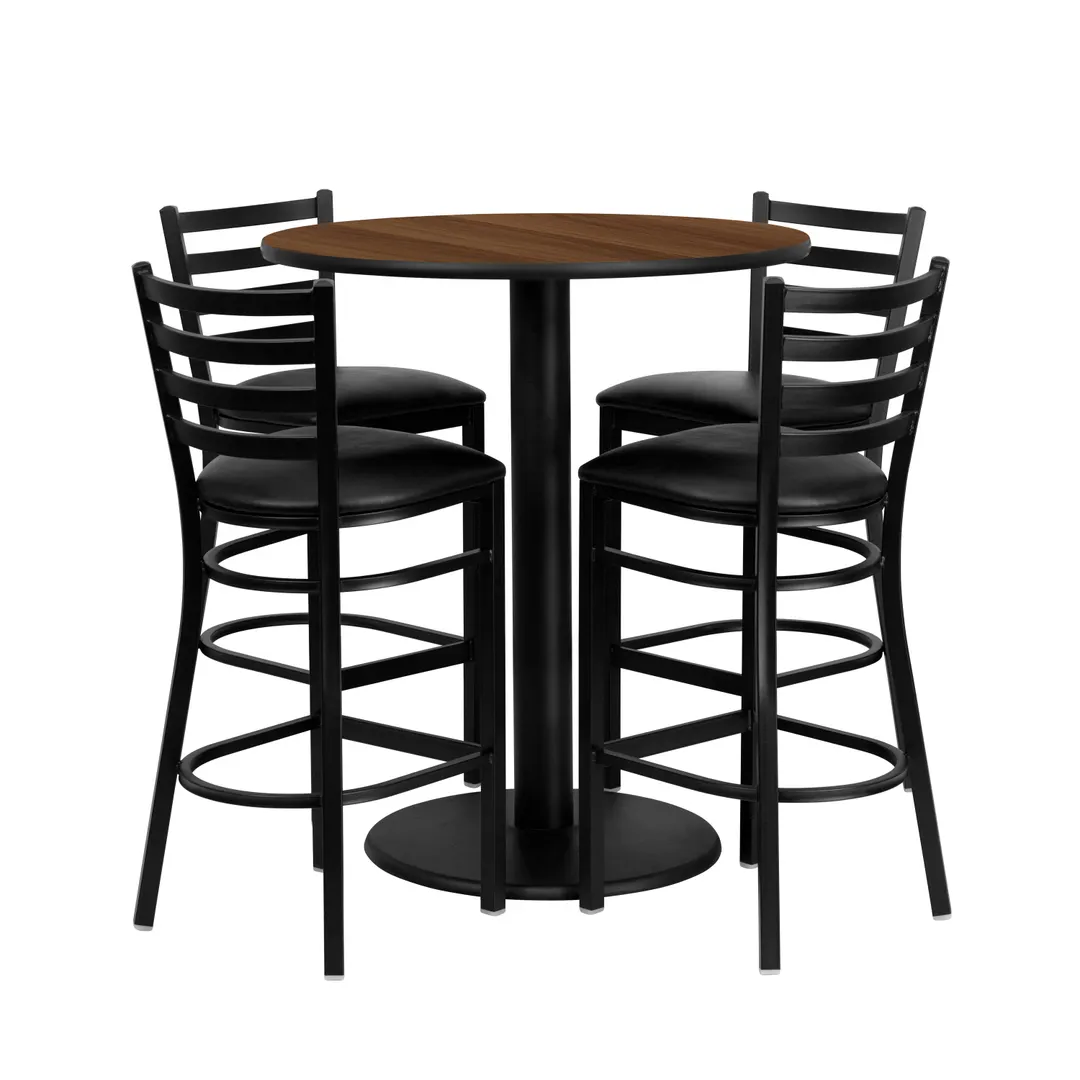 Flash Furniture MD-0011-GG 36" Round Table & Bar Stool Set, Walnut Finish, Black Vinyl, 4 Stools