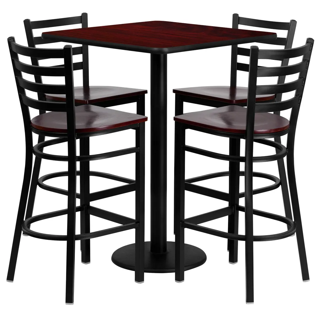 Flash Furniture MD-0014-GG 30x30 Table & 4 Bar Stool Set, Black Mahogany Finish, MDF Table Top, Metal Ladder Back