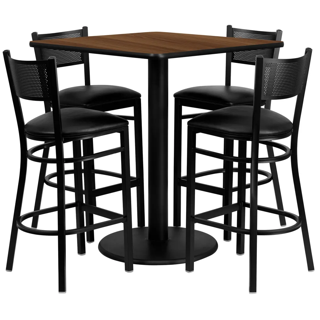 Flash Furniture MD-0015-GG 36x36 Square Table & 4 Bar Stool Set, Walnut Finish, Black Vinyl