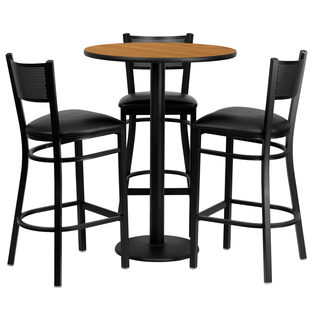 Flash Furniture MD-0016-GG 30 Inch Round Table and 3 Bar Stool Set, Black Vinyl, Metal Frame