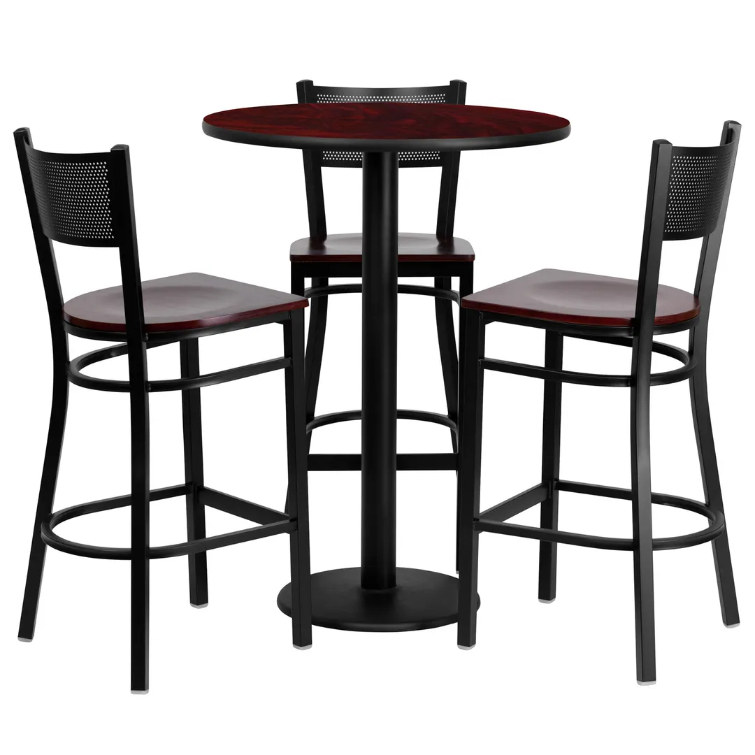 Flash Furniture MD-0017-GG 30 Inch Round Table & Bar Stool Set with 3 Stools, Mahogany Finish, Black Powder Coated Frame