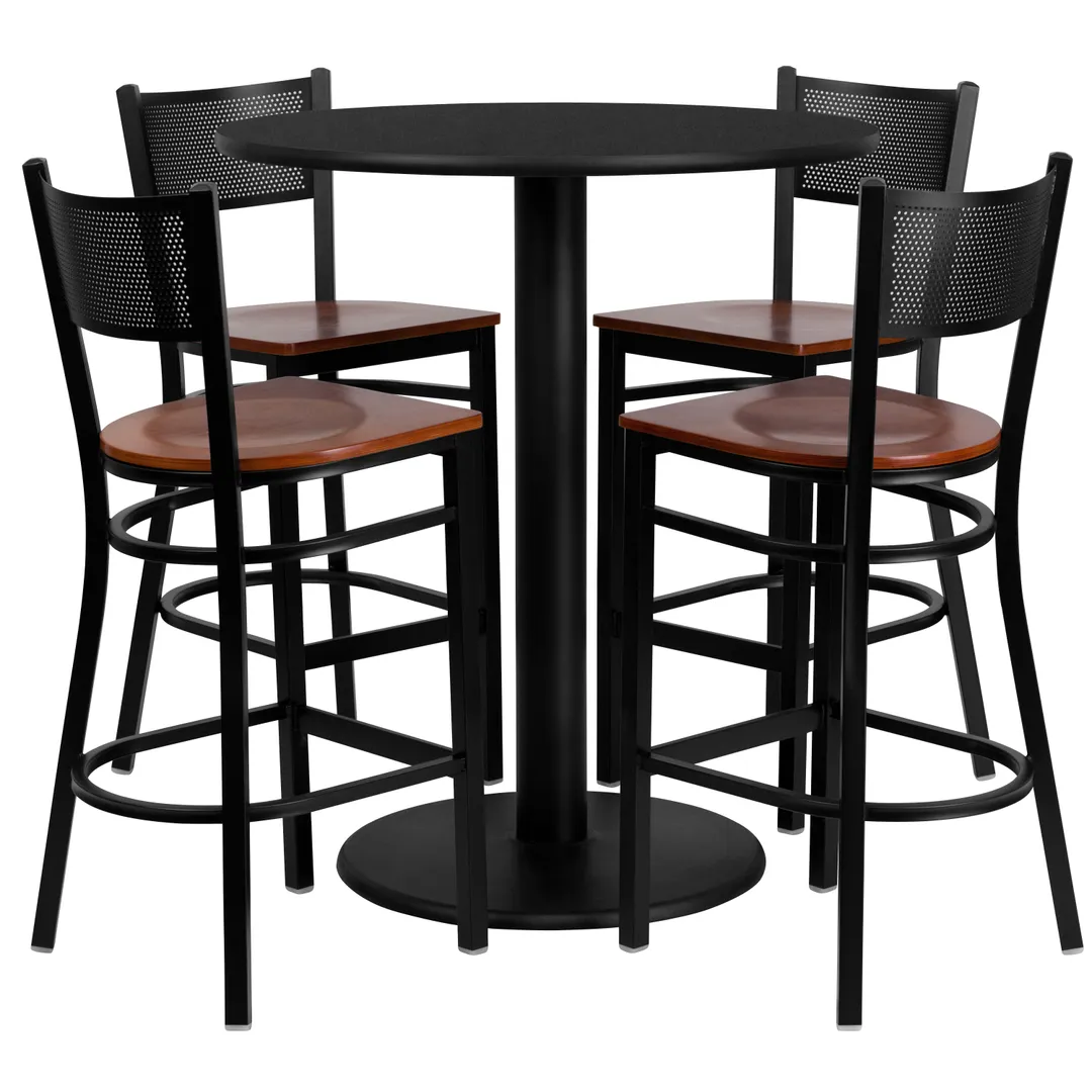 Flash Furniture MD-0018-GG 36" Round Table & 4 Bar Stool Set, Black Laminate, Cherry Finish, Commercial Grade