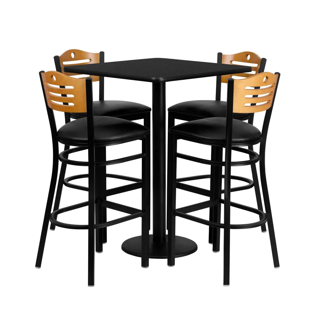 Flash Furniture MD-0019-GG 30x30 Table & 4 Bar Stool Set, Black Laminate, Natural Finish, Commercial Use