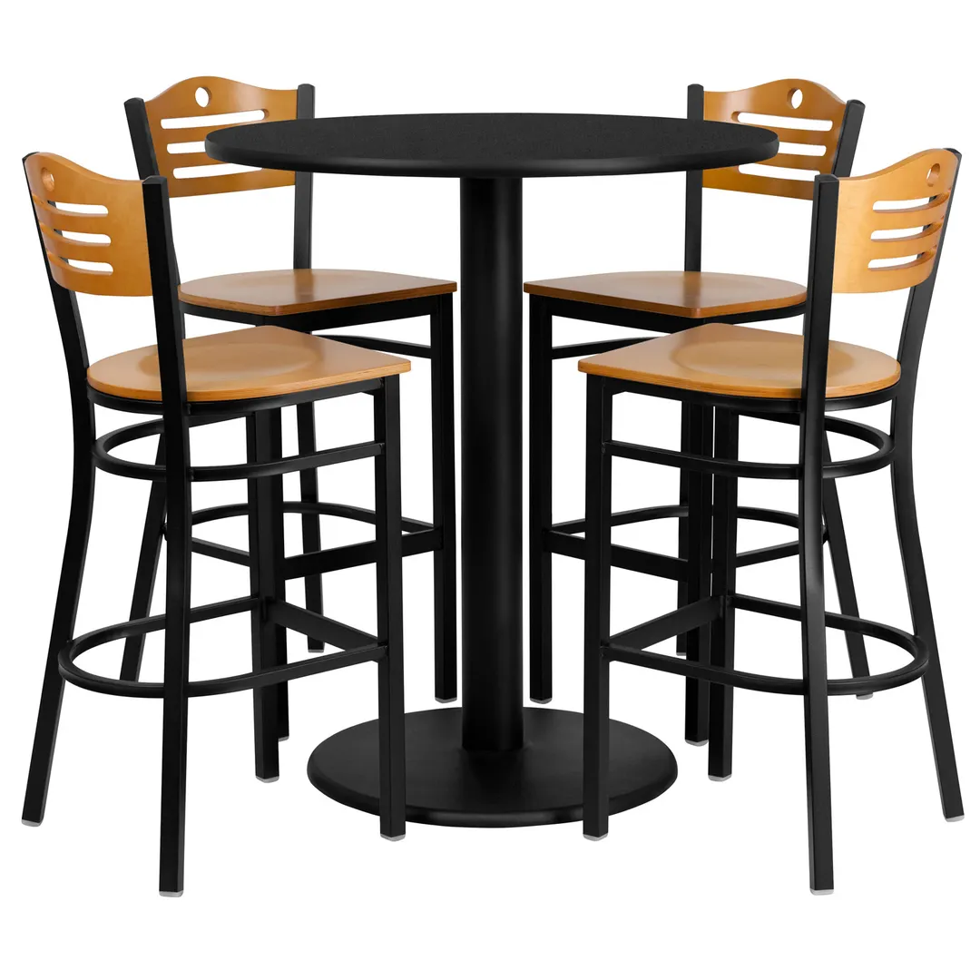 Flash Furniture MD-0020-GG 36" Round Table & Bar Stool Set, 42"H, Black Laminate, Natural Finish, 4 Stools