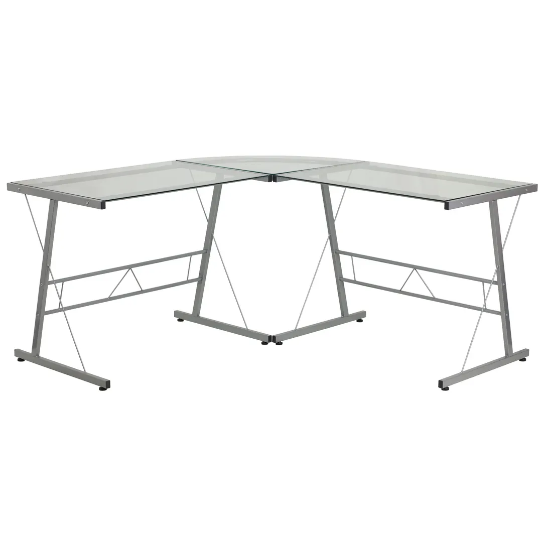 Flash Furniture NAN-CD-22181-GG L-Shape Computer Desk, 83.5W x 48D, Silver Powder Coated Metal Frame, Tempered Glass Top